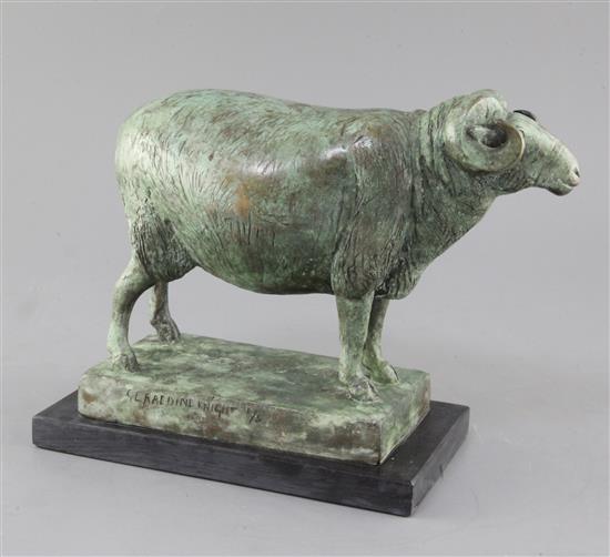 Geraldine Knight (1933-2008). A verdigris bronze, Ram, signed and numbered 1/5, length 10.5in. height 8.5in.